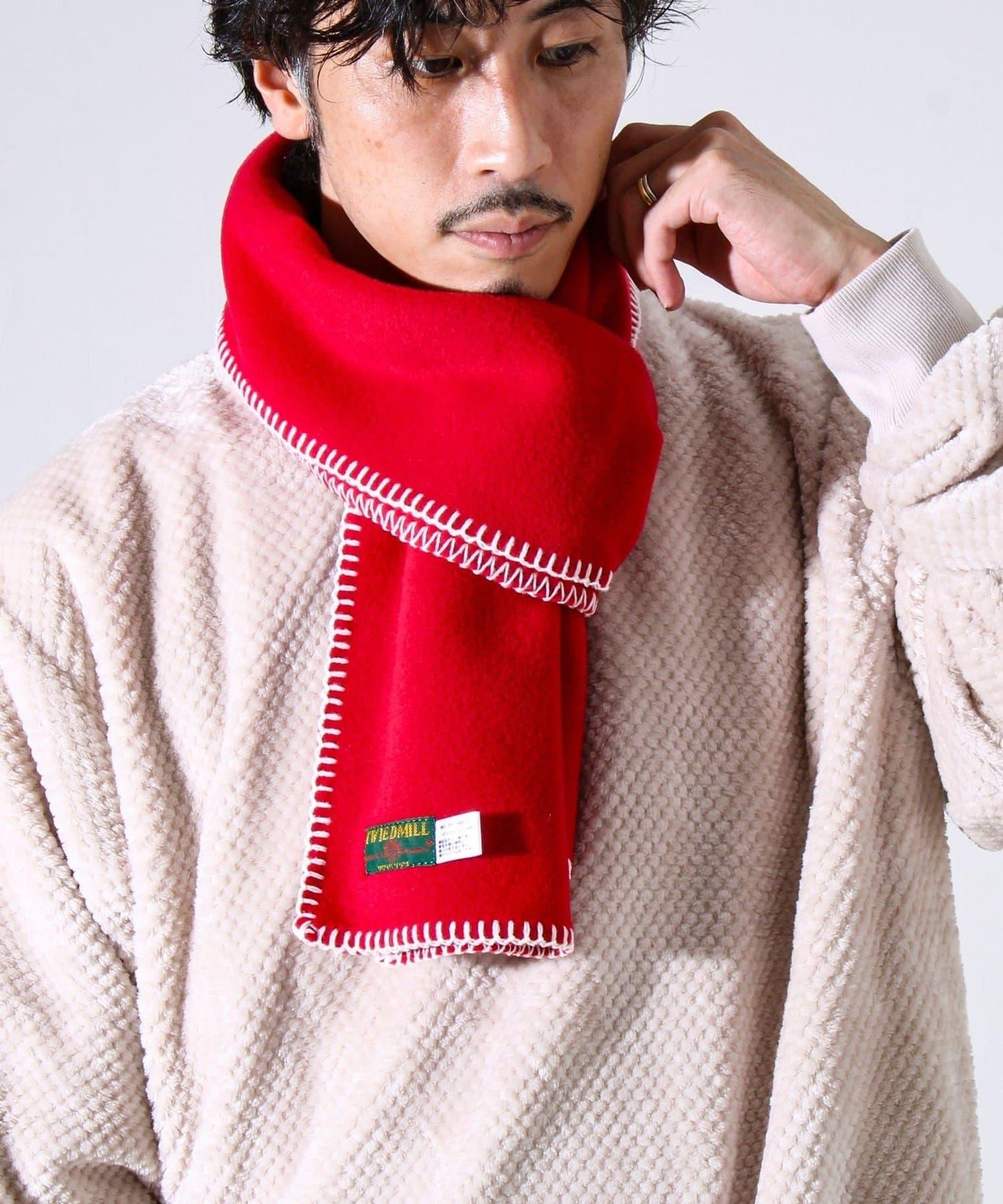 【GLOSTER聯名】【TWEEDMILL】毯縫拼接羊羔絨圍巾