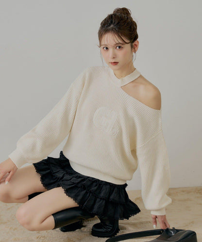 肩部開叉一字肩針織衫