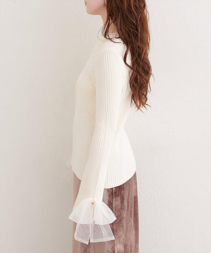 袖口網紗蝴蝶結針織衫