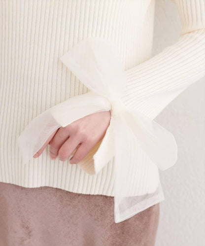 袖口網紗蝴蝶結針織衫