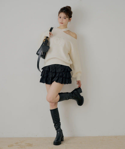 肩部開叉一字肩針織衫