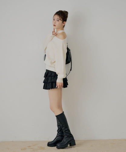 肩部開叉一字肩針織衫