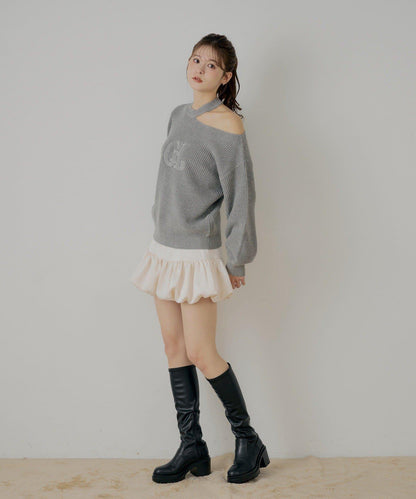 肩部開叉一字肩針織衫