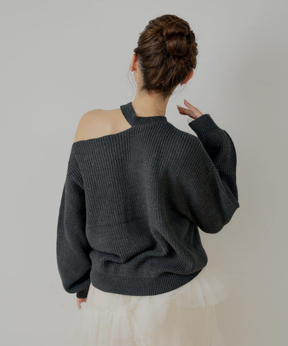 肩部開叉一字肩針織衫