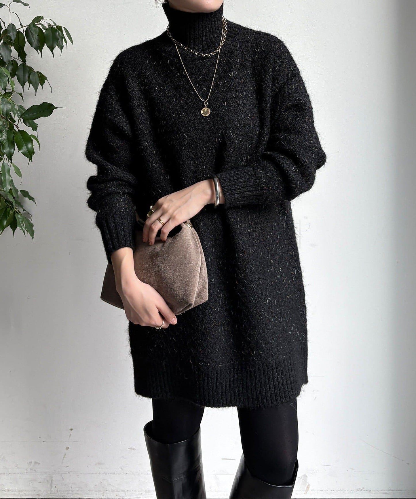 交叉編織高領長款針織衫
