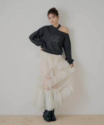 肩部開叉一字肩針織衫