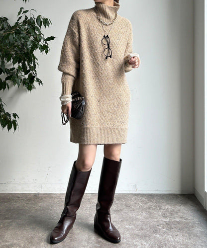 交叉編織高領長款針織衫