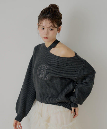 肩部開叉一字肩針織衫