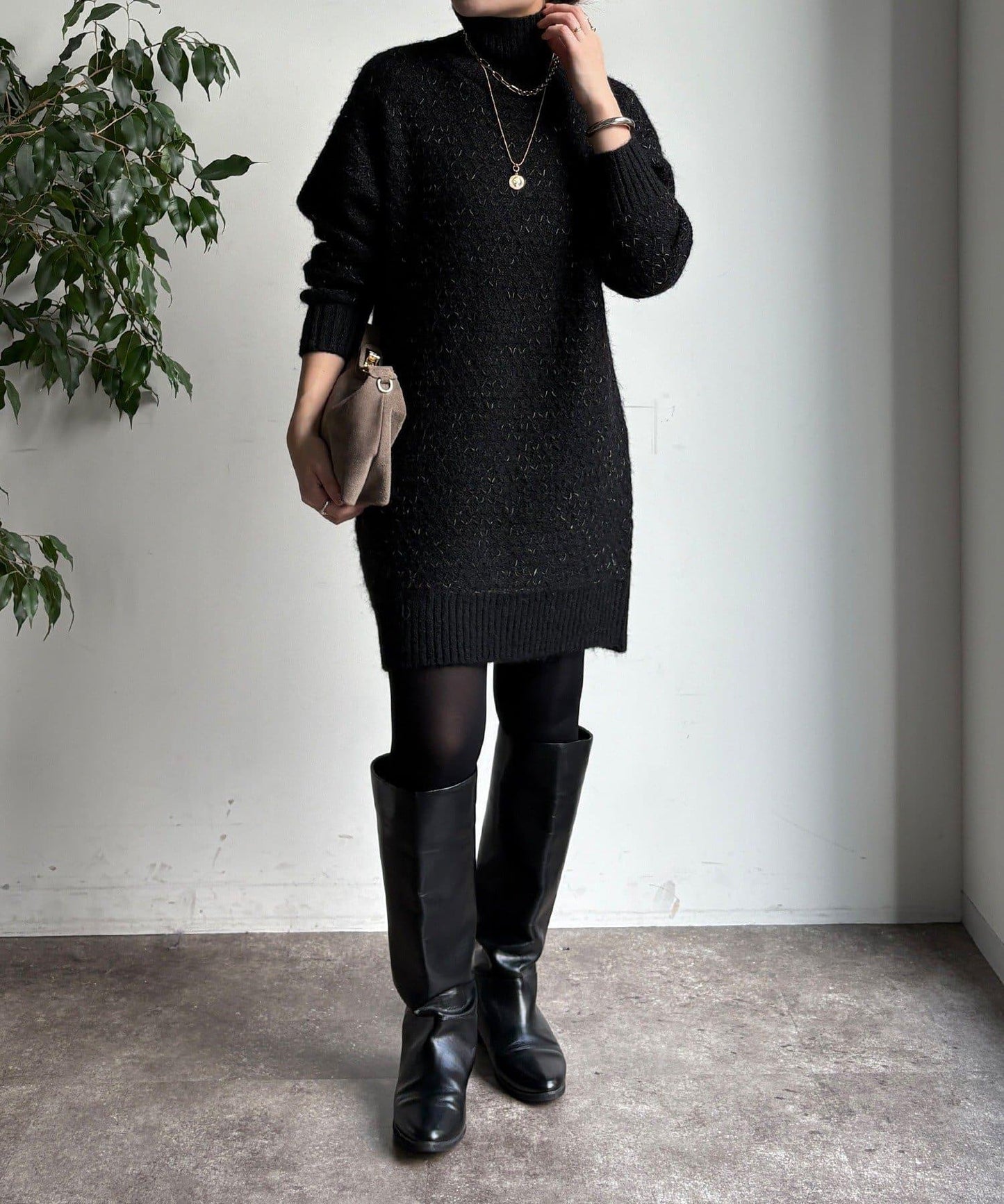 交叉編織高領長款針織衫