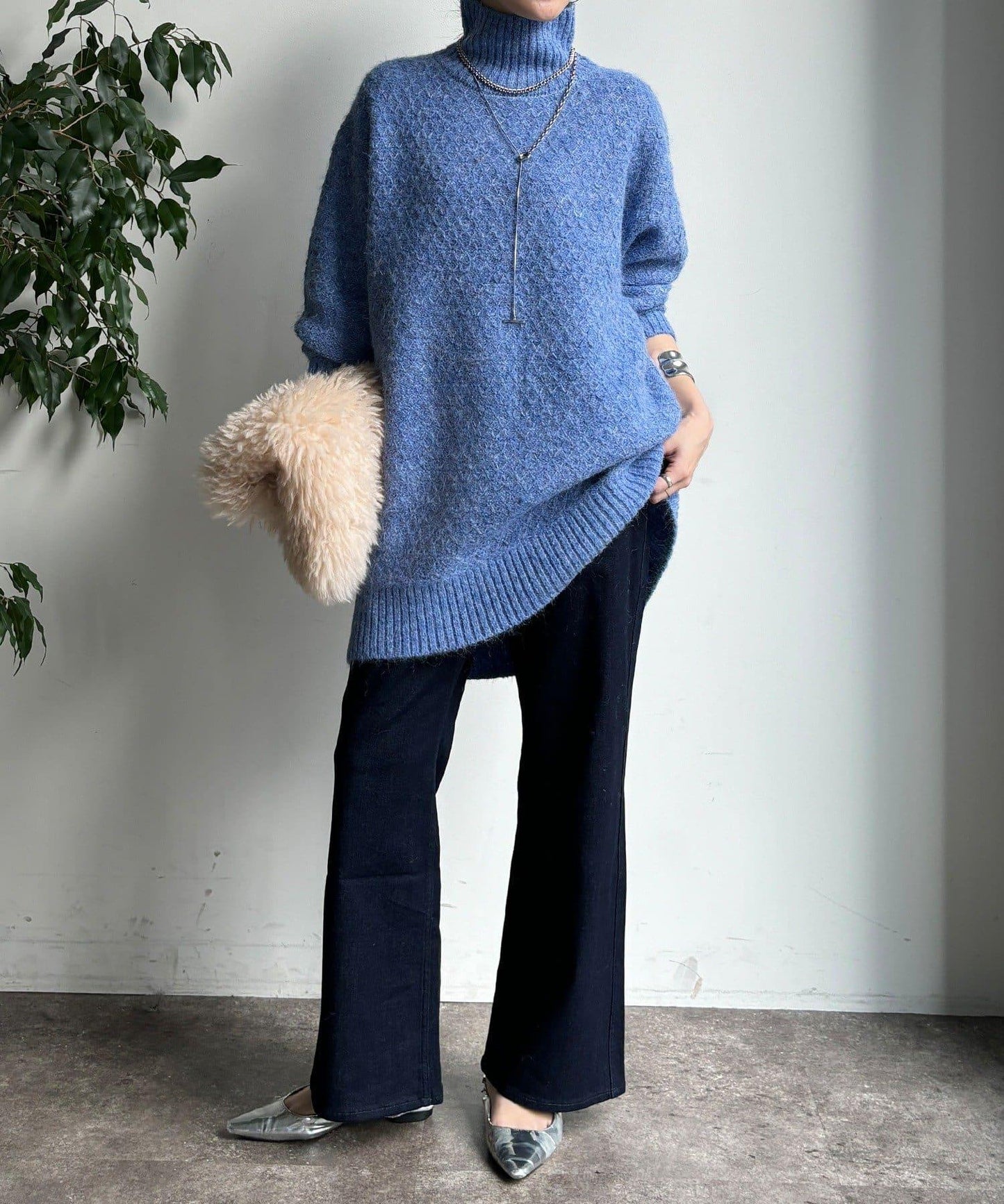 交叉編織高領長款針織衫