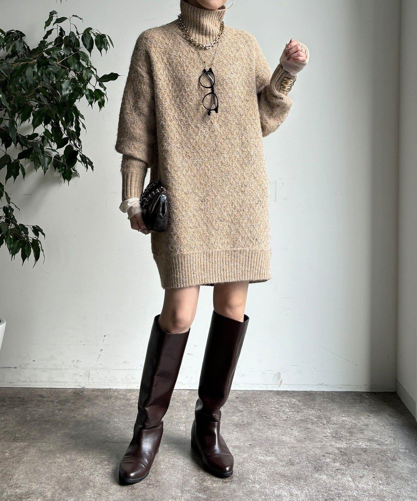 交叉編織高領長款針織衫