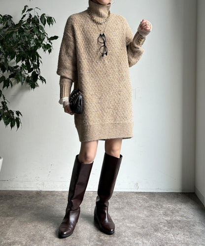 交叉編織高領長款針織衫