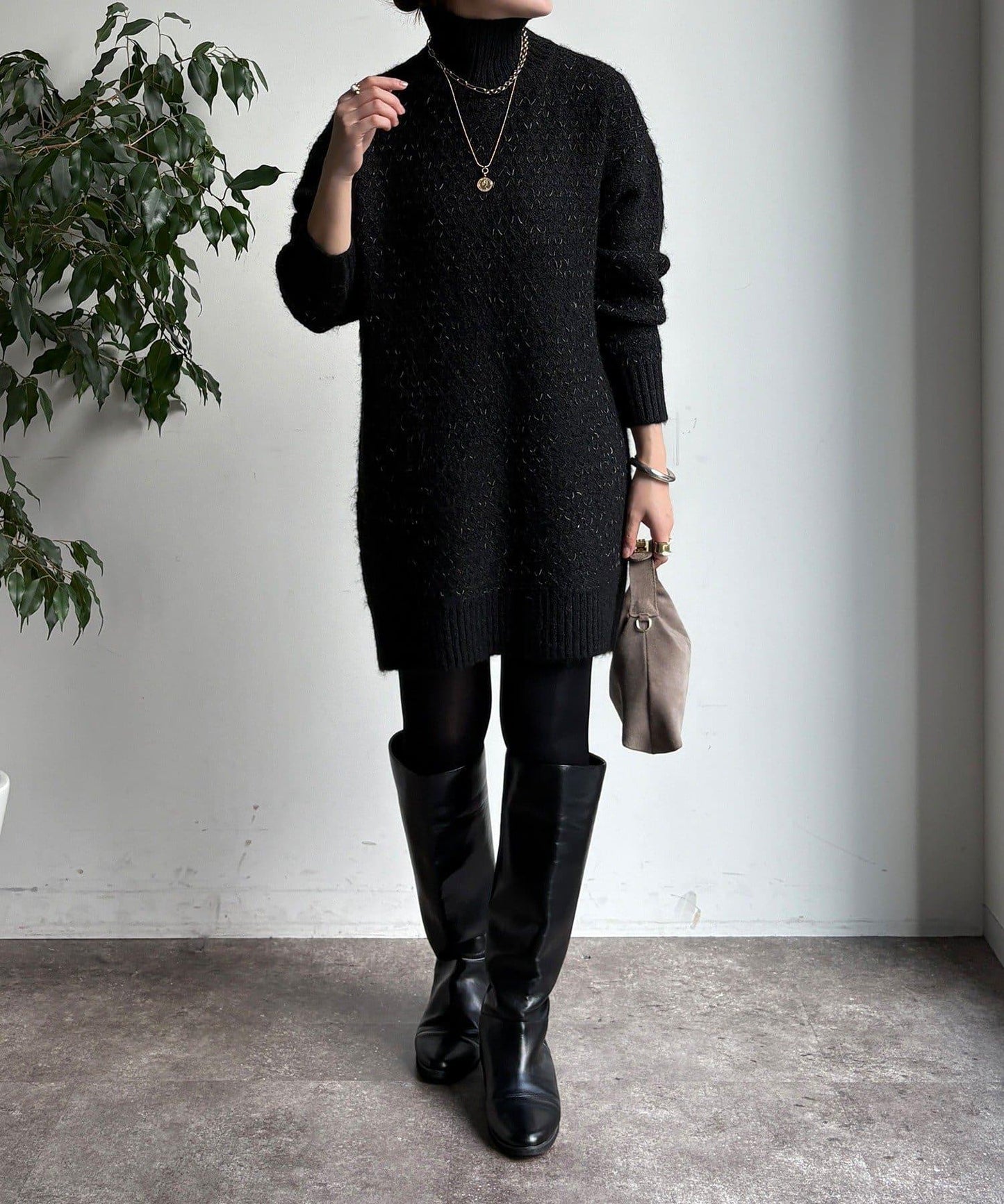 交叉編織高領長款針織衫