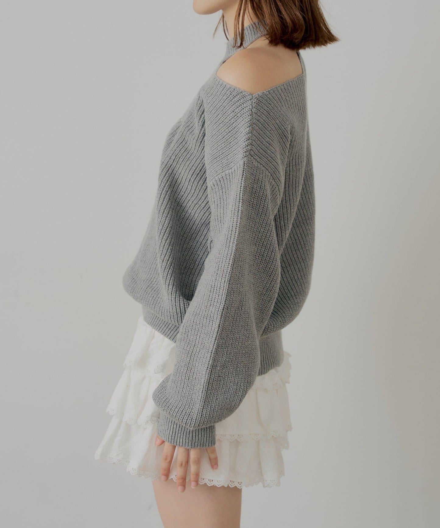 肩部開叉一字肩針織衫