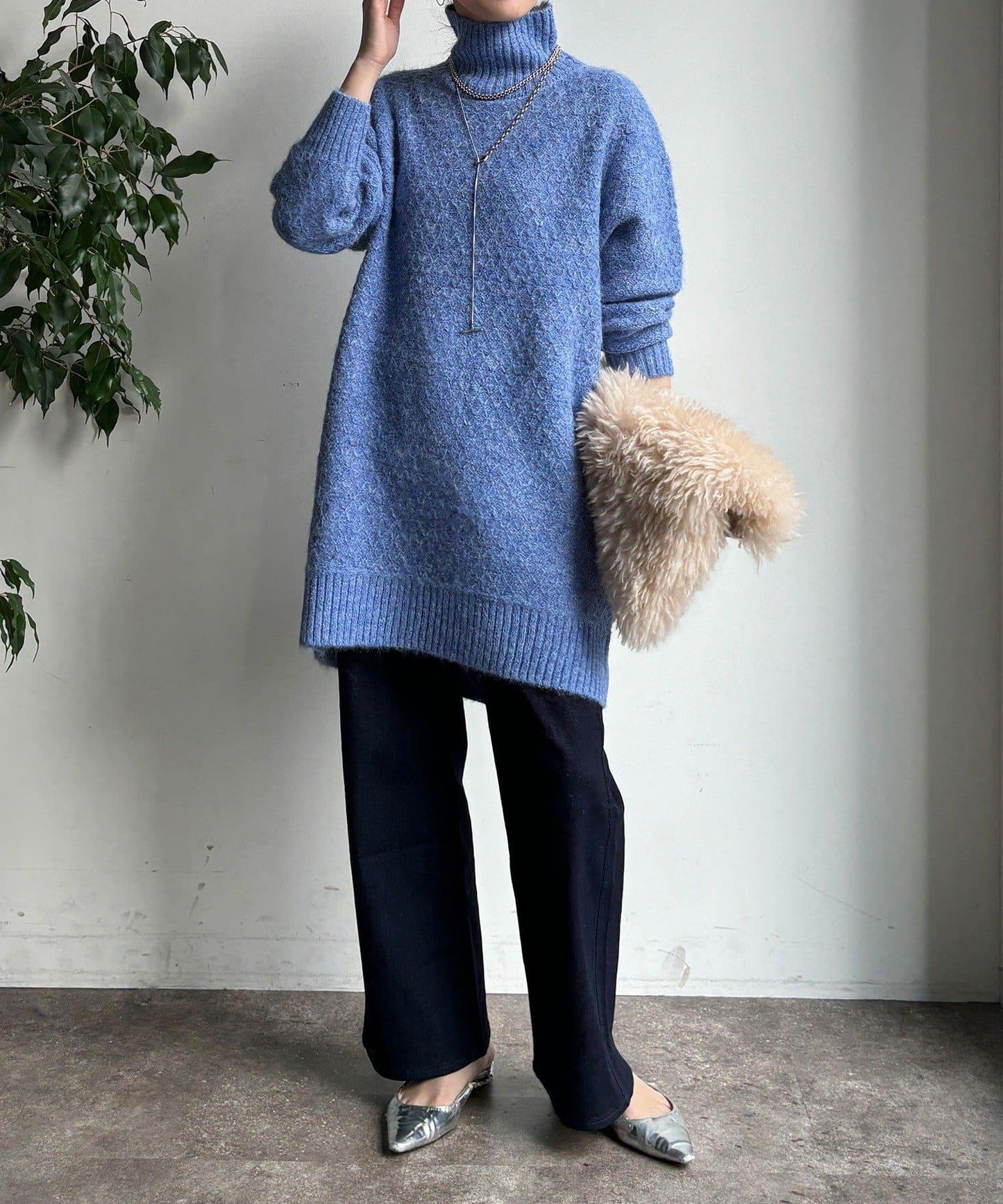 交叉編織高領長款針織衫