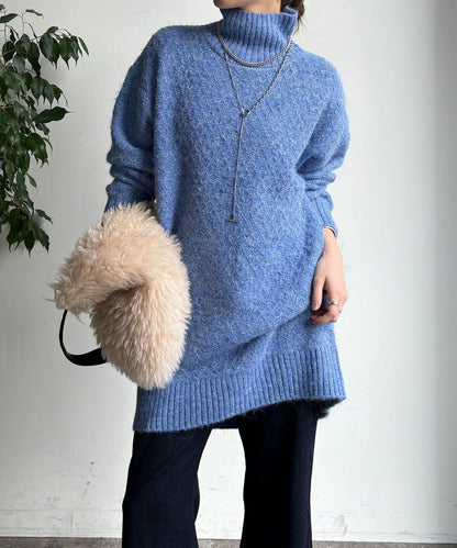 交叉編織高領長款針織衫