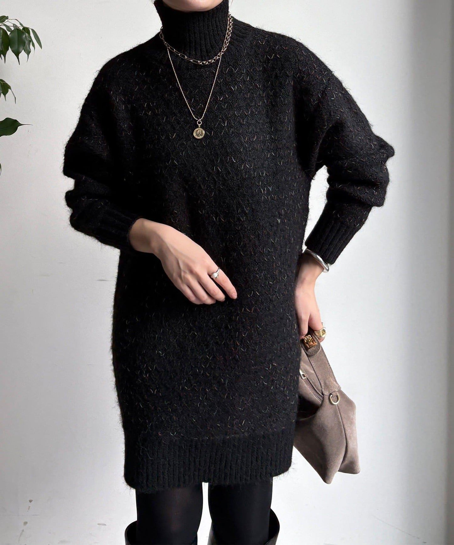 交叉編織高領長款針織衫