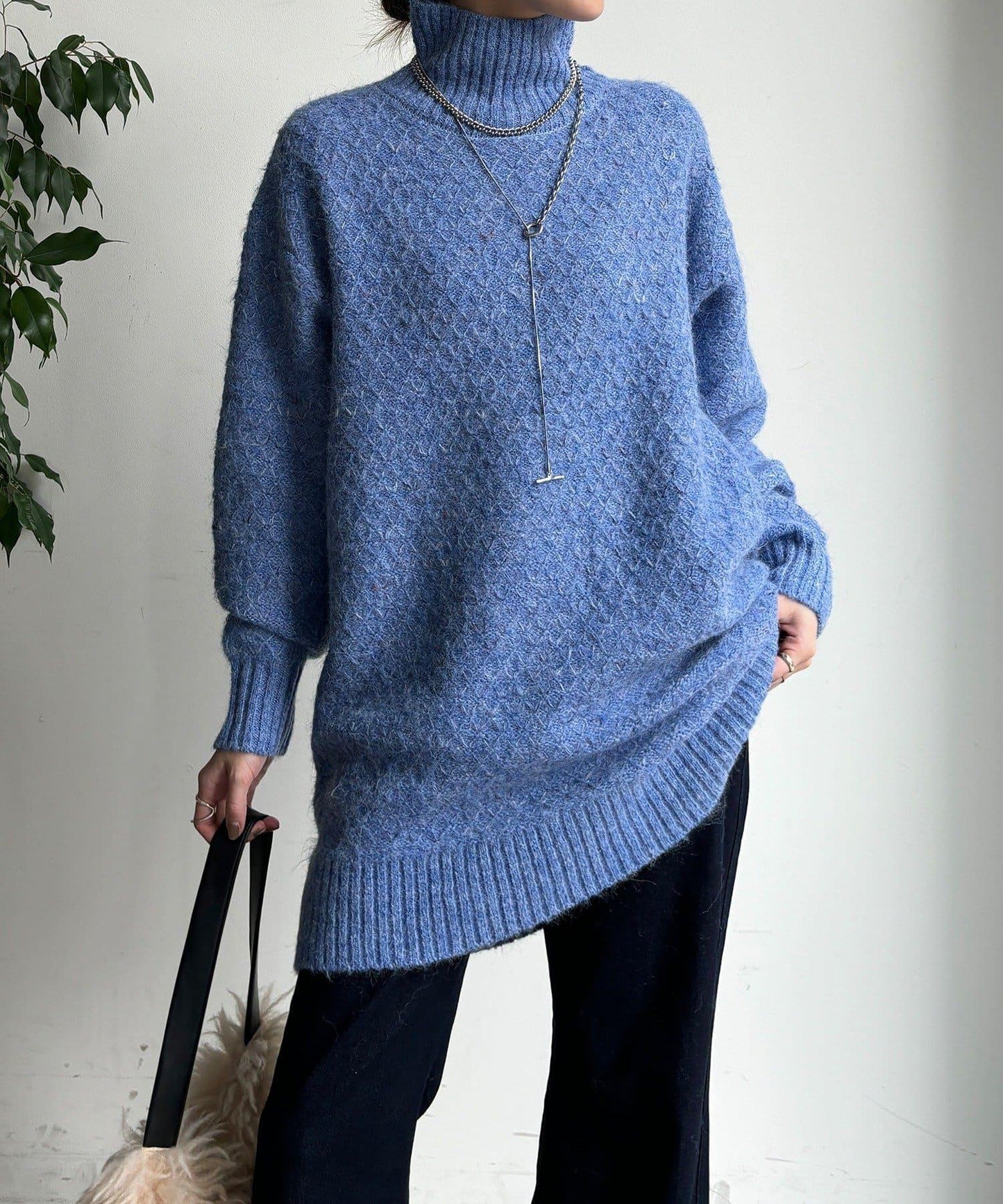 交叉編織高領長款針織衫