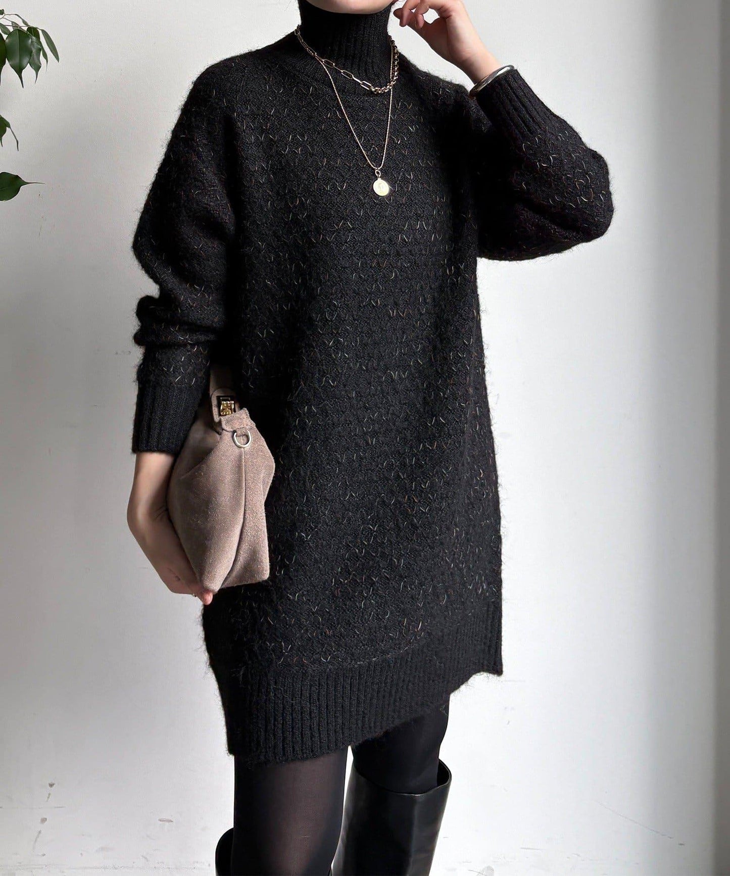 交叉編織高領長款針織衫