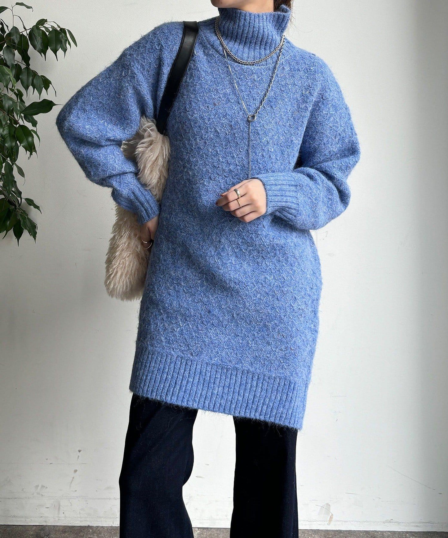 交叉編織高領長款針織衫