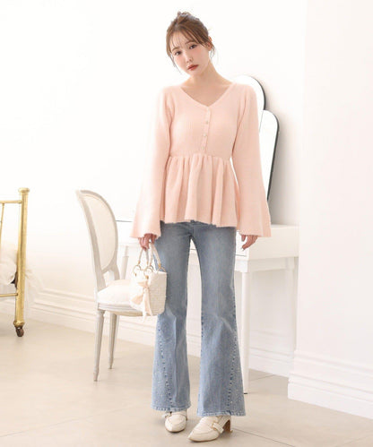 露背蝴蝶結羽毛裝飾荷葉邊針織衫