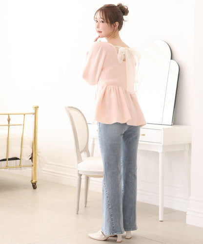 露背蝴蝶結羽毛裝飾荷葉邊針織衫