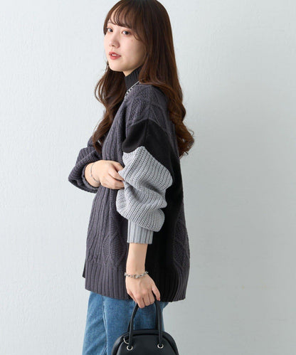 【NAO】拼色手工縫線套頭衫