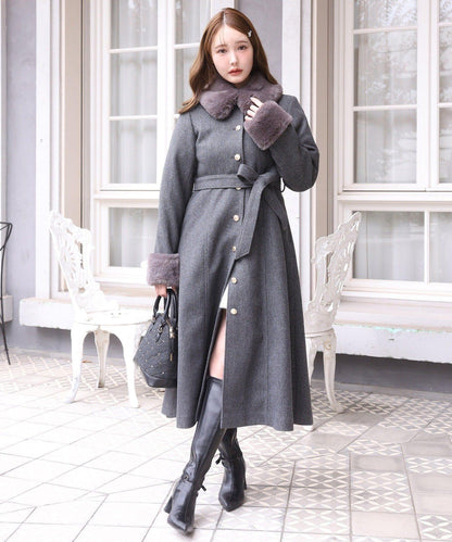 【有尺碼可選】毛領/毛袖多功能蝴蝶結長款大衣