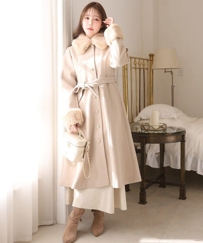 【有尺碼可選】毛領/毛袖多功能蝴蝶結長款大衣