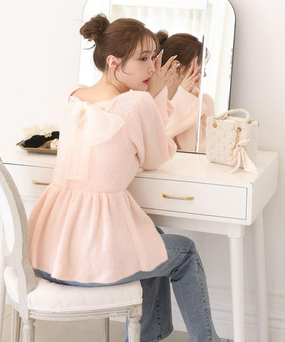 露背蝴蝶結羽毛裝飾荷葉邊針織衫