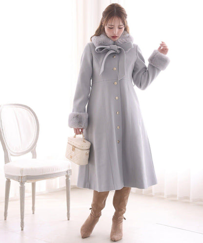 【有尺碼可選】毛領/毛袖多功能蝴蝶結長款大衣