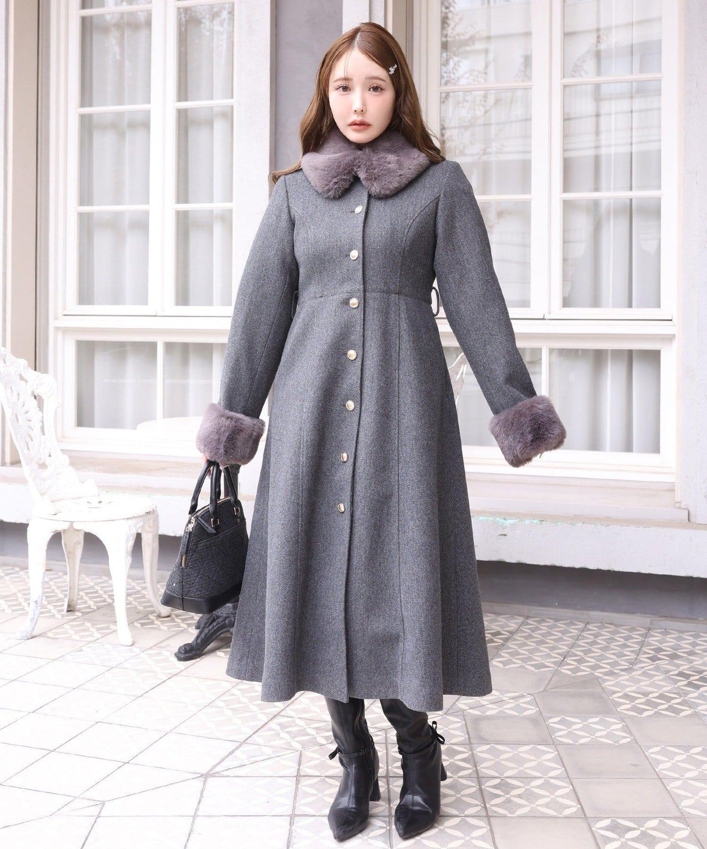 【有尺碼可選】毛領/毛袖多功能蝴蝶結長款大衣