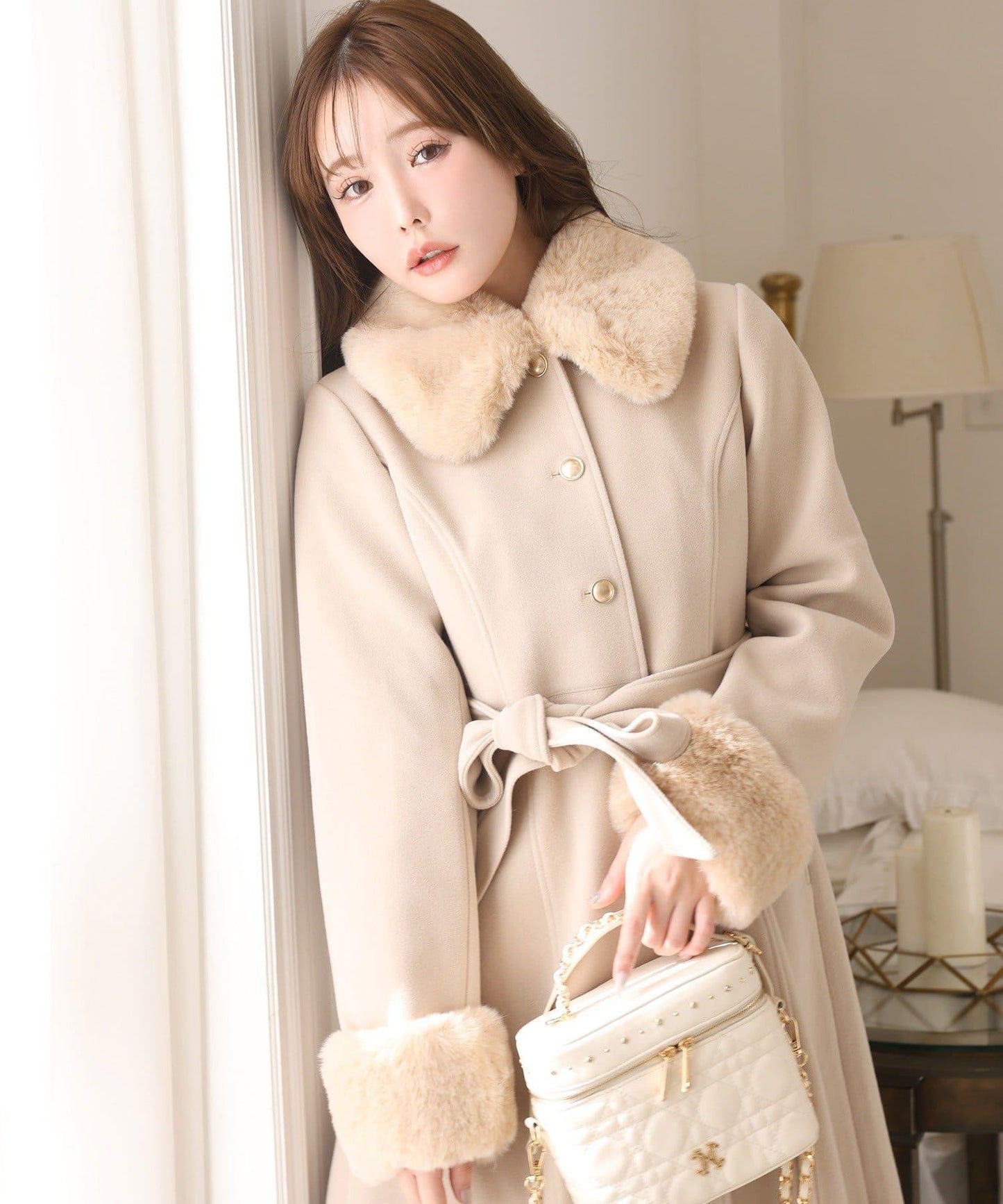 【有尺碼可選】毛領/毛袖多功能蝴蝶結長款大衣