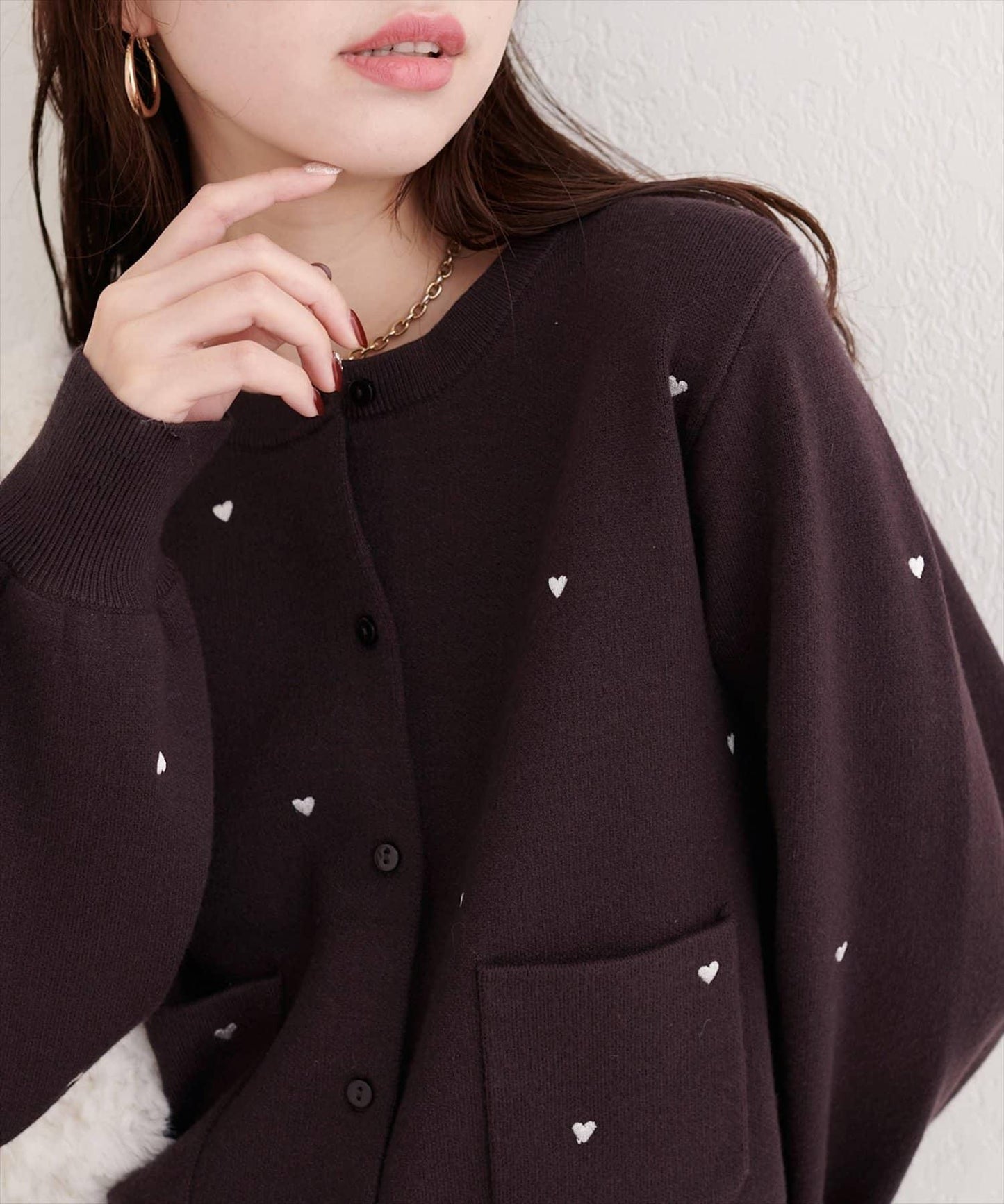 愛心刺繡帶口袋開衫