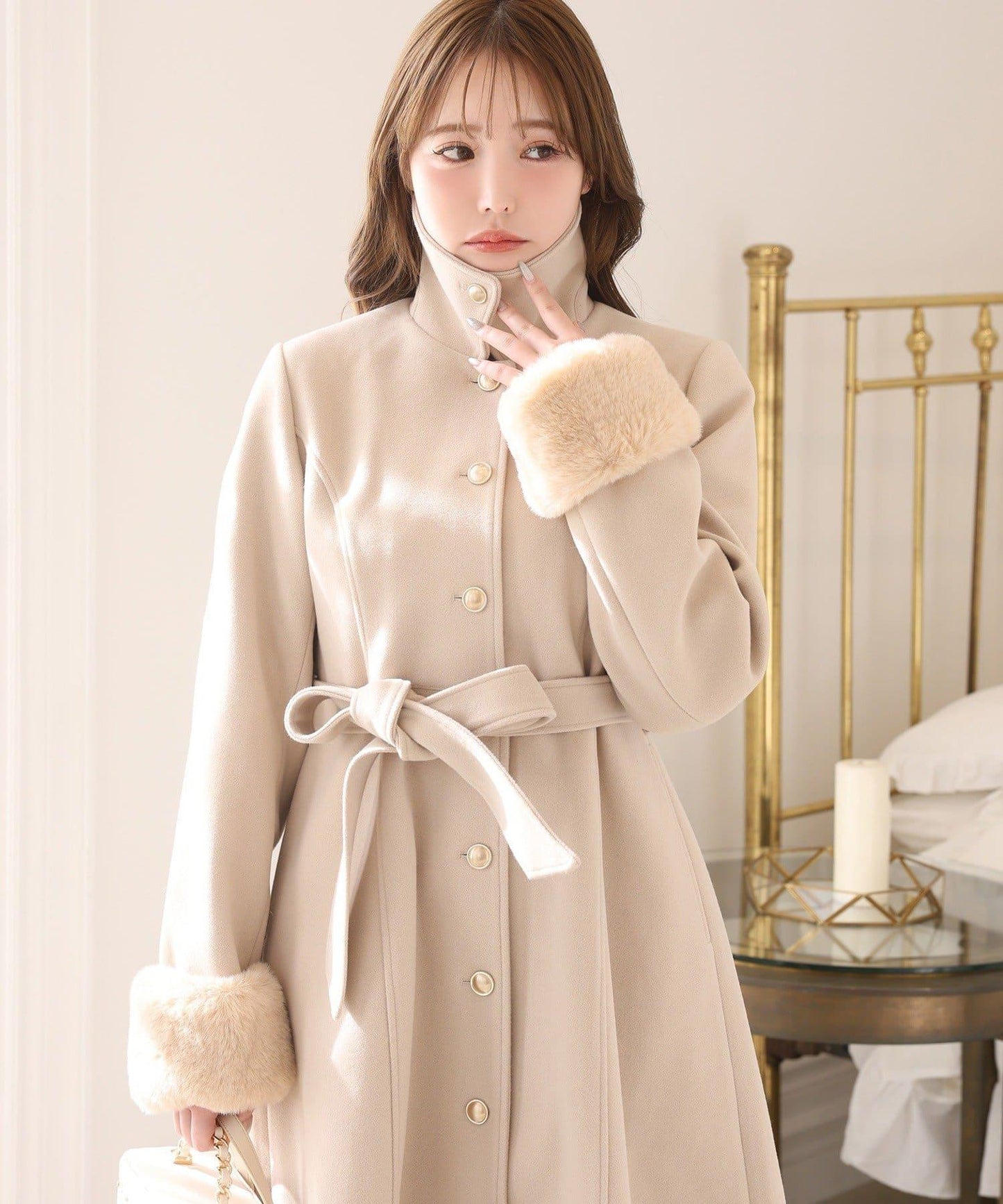 【有尺碼可選】毛領/毛袖多功能蝴蝶結長款大衣