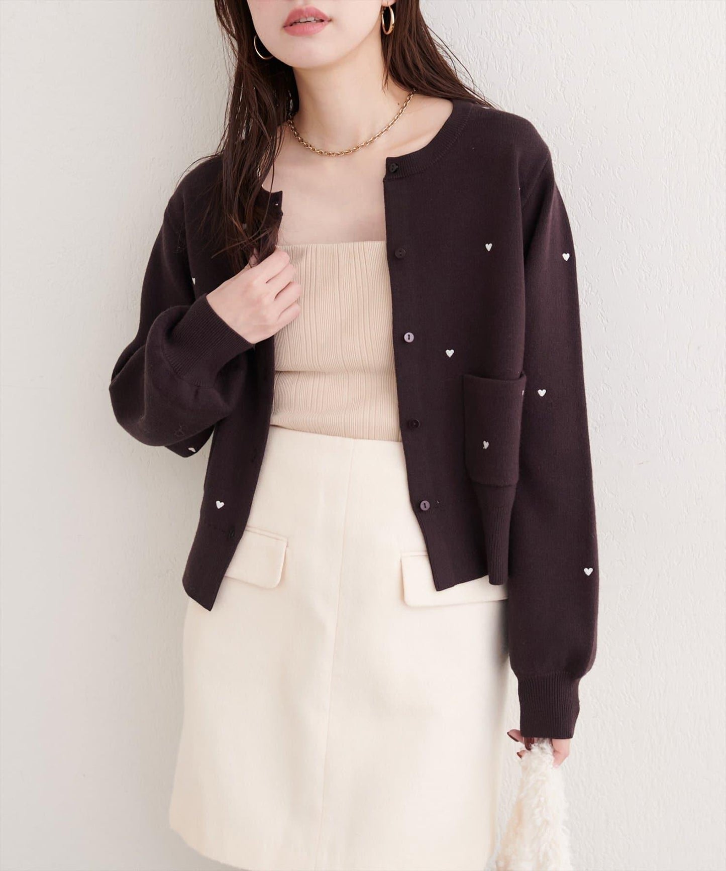 愛心刺繡帶口袋開衫