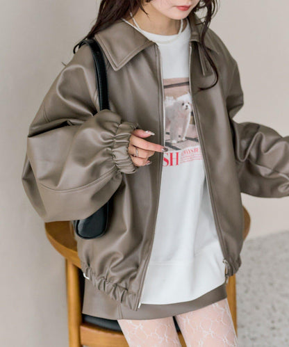 【推薦成套穿著◎】泡泡袖仿皮夾克