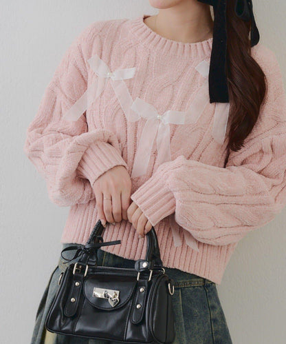 歐根紗蝴蝶結毛線針織衫