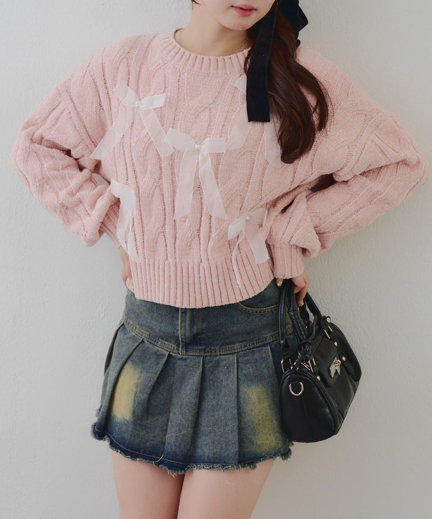 歐根紗蝴蝶結毛線針織衫