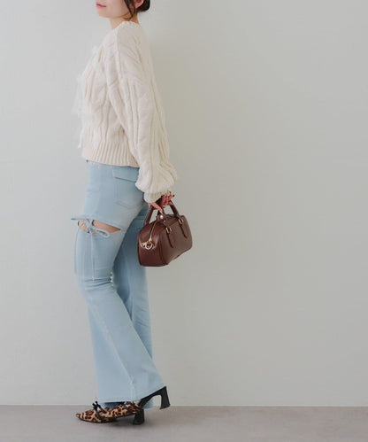 歐根紗蝴蝶結毛線針織衫