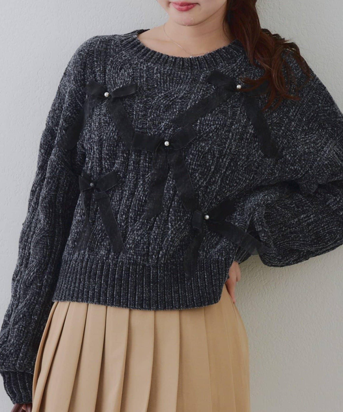 歐根紗蝴蝶結毛線針織衫