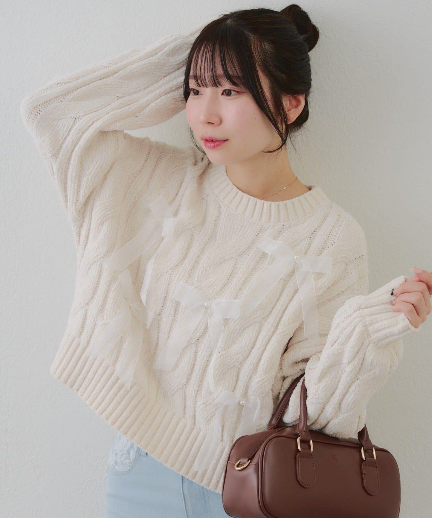 歐根紗蝴蝶結毛線針織衫