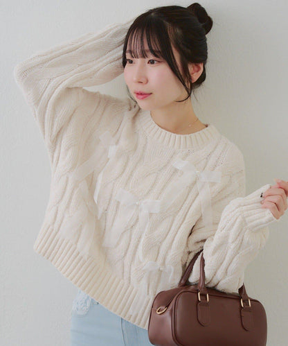 歐根紗蝴蝶結毛線針織衫