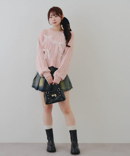 歐根紗蝴蝶結毛線針織衫