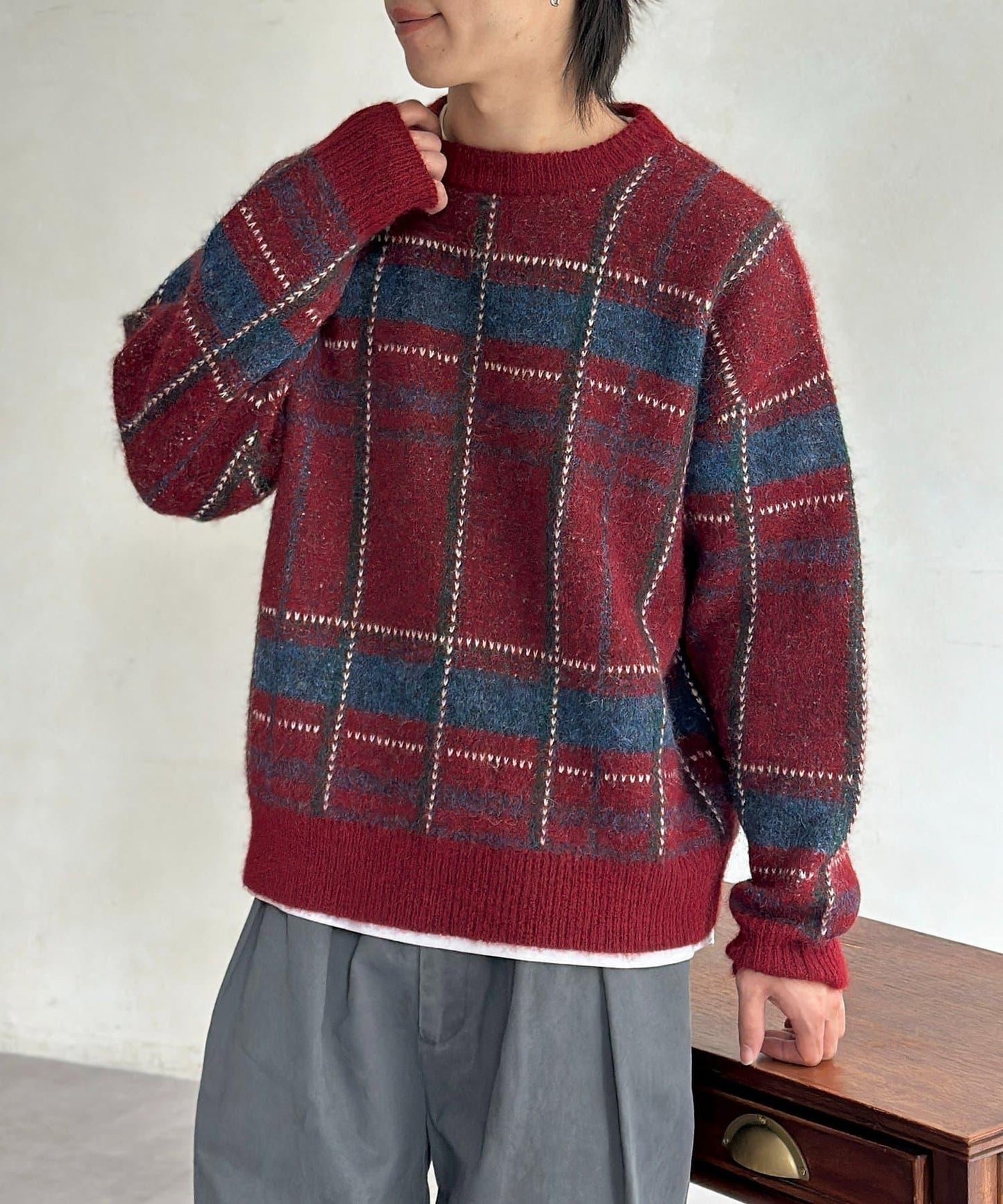 仿馬海毛格紋針織套頭衫