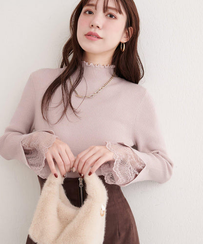 袖口蕾絲柔軟羅紋高領衫