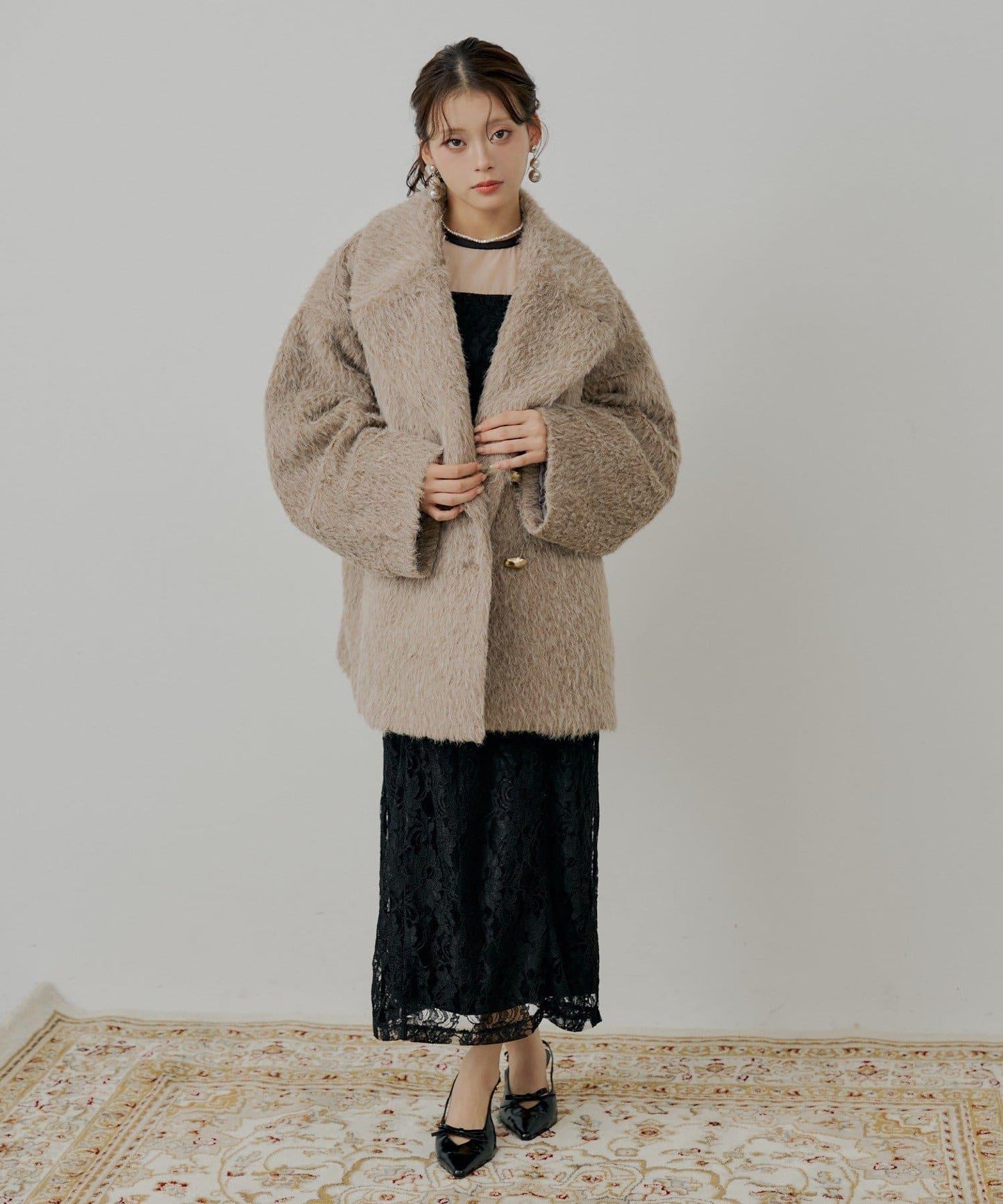 金屬紐扣毛絨中長款夾克大衣