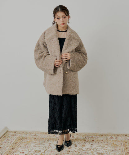 金屬紐扣毛絨中長款夾克大衣