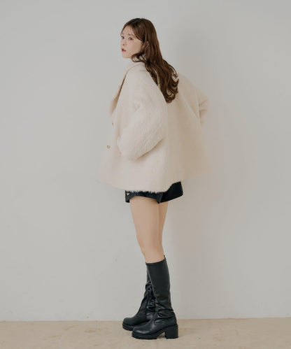 金屬紐扣毛絨中長款夾克大衣