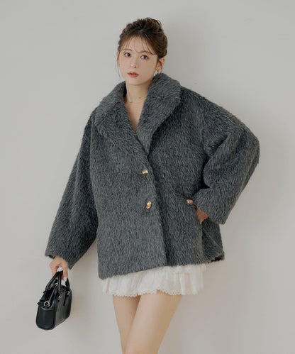 金屬紐扣毛絨中長款夾克大衣